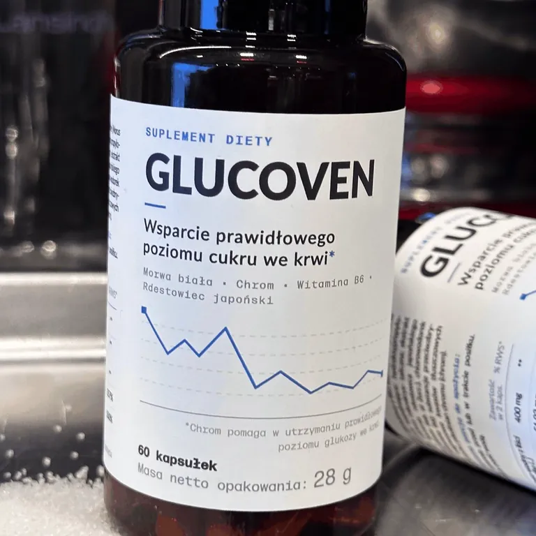 Etykieta Glucoven ze składem — chrom 40 µg, witamina B6 5 mg, morwa biała i rdestowiec japoński