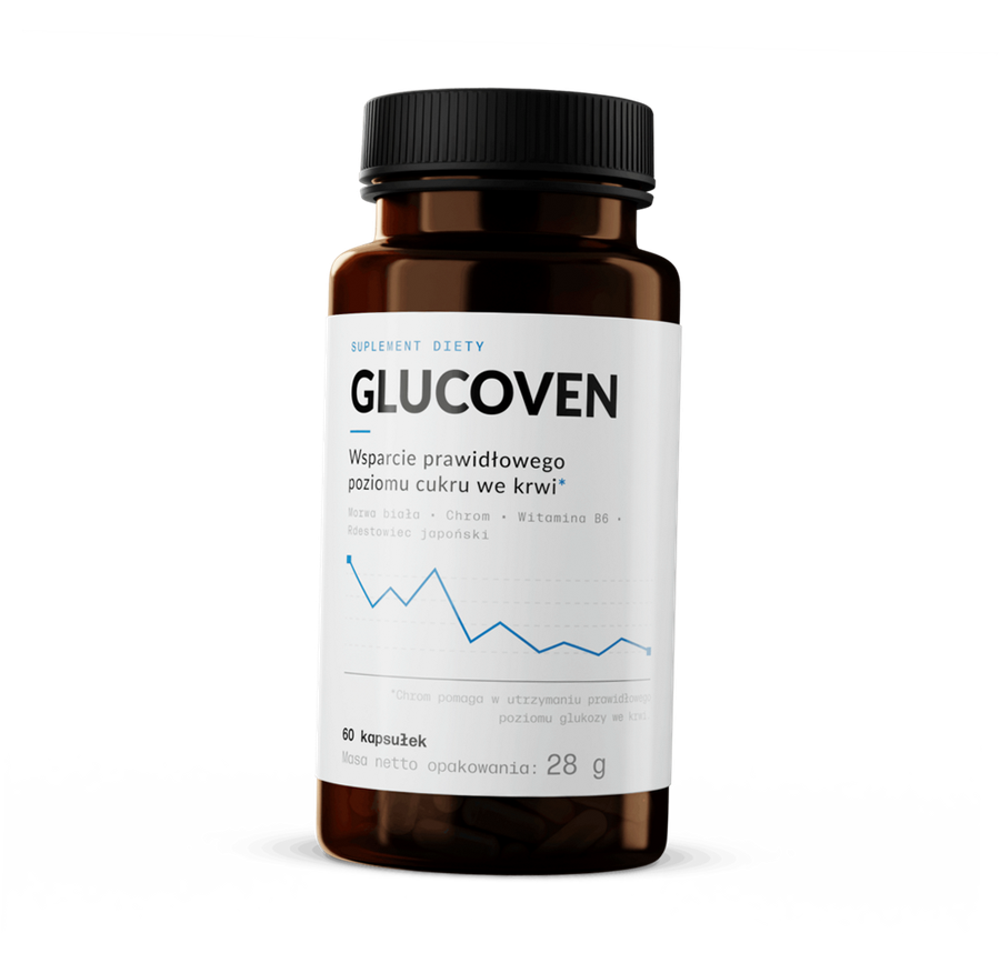 Glucoven — opakowanie suplementu diety 60 kapsułek z chromem, morwą białą i witaminą B6 na prawidłowy poziom cukru we krwi